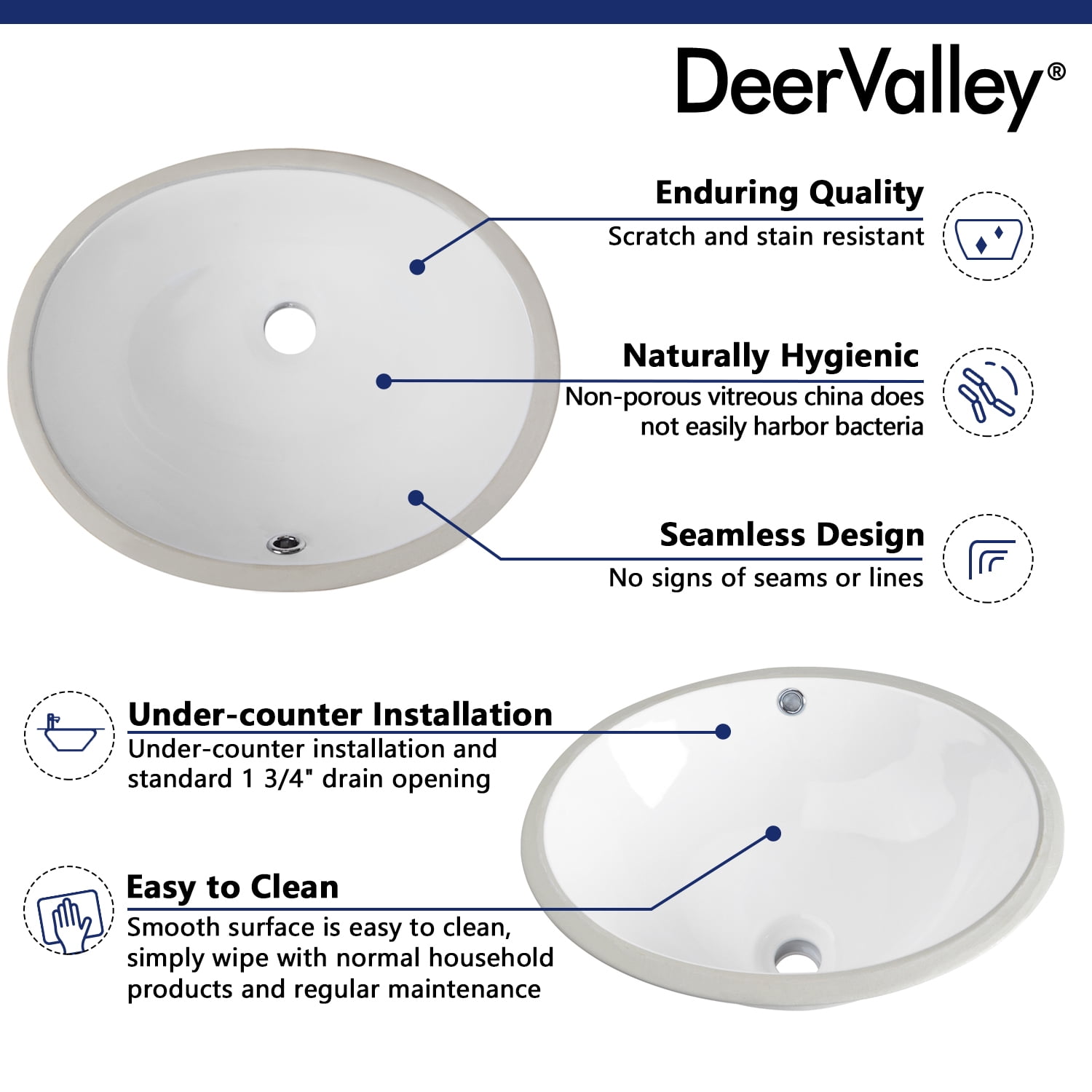 DeerValley DV-1U301 Oval White Ceramic Undermount Bathroom Sink with Overflow Hole (16.5" L x 13.39" W)