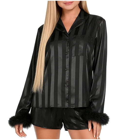 Womens Silk Satin Pajama Sets Long Sleeve Striped Button Down Top and Pants with Fur Trim Bridal 2 Piece Loungewear Pjs Set
