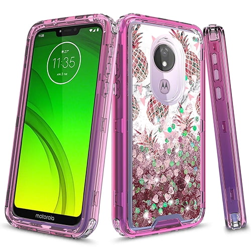 Moto G7 Power Case, Moto G7 Supra Case, KAESAR 3in1 Hybird Graphic Gradient Quicksand Glitter Liquid Floating with Frame Bumper Protective Case for Moto G7 Power (Marble Pineapple)