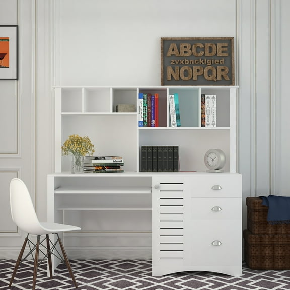 "Home Office Computer Desk with Hutch, Antiqued White finish"