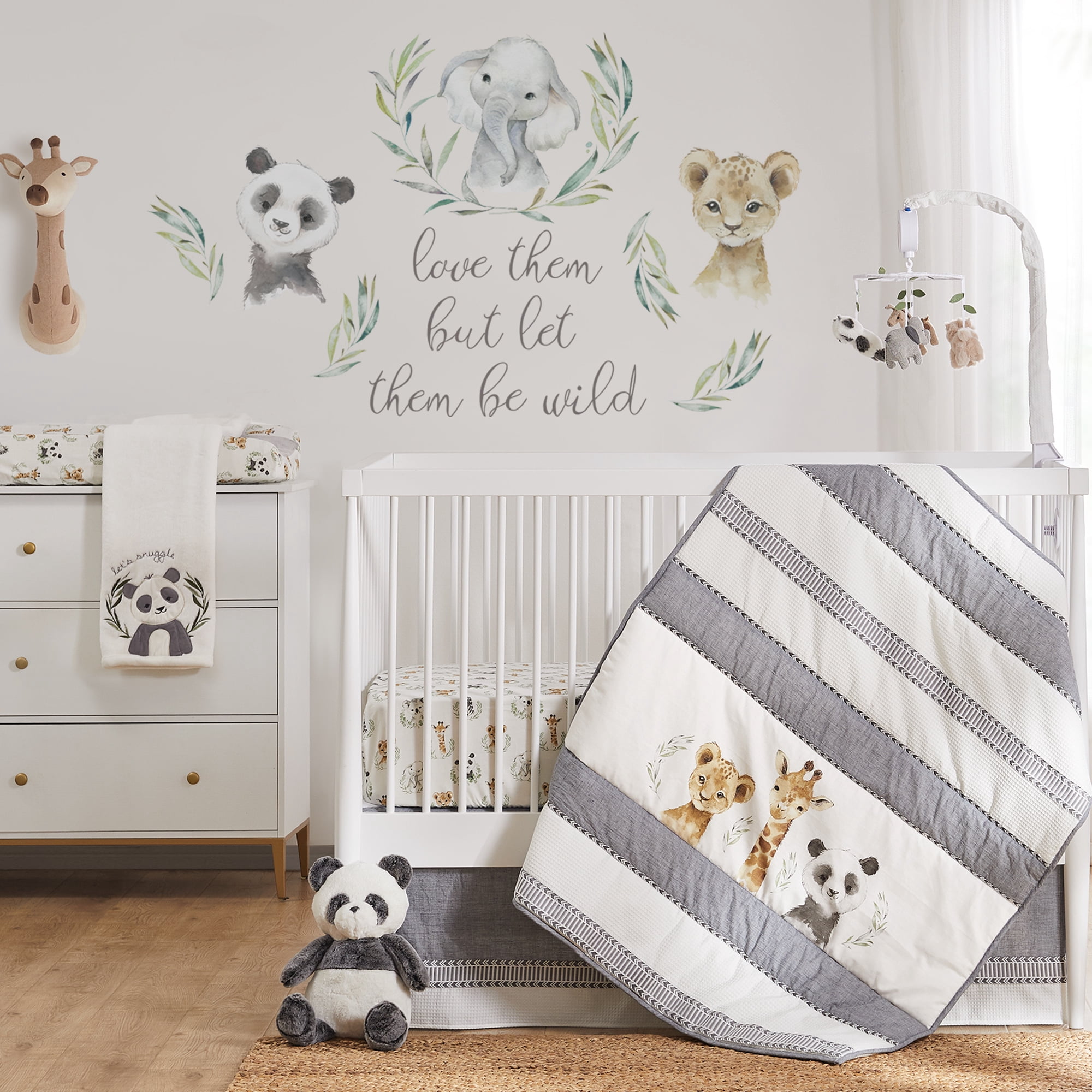 Levtex Baby - Mozambique Plush Blanket - Appliqued and Embroidered Panda on Cream Plush - Cream, Grey and Green - Nursery Accessories - Blanket Size: 30 x 40 in.