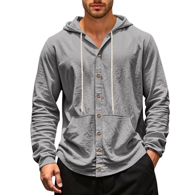 SHIXIAOO Chemise Décontractée en Lin à Manches Longues à Capuche pour Hommes Printemps et Automne