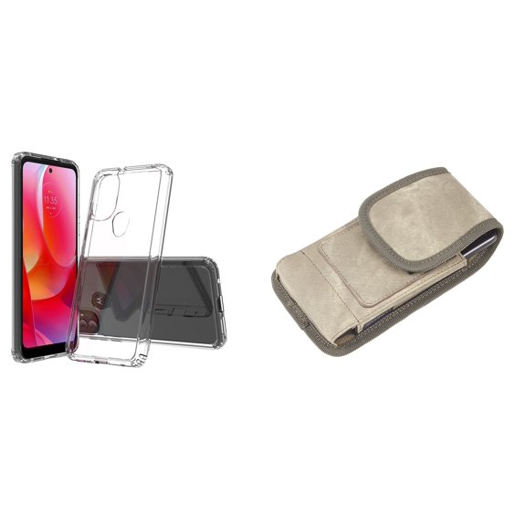 Bemz Case Bundle for Moto G Power 2022 - Fusion Impact Resistant Protection Cover (Clear) with Vertical Nylon Belt Holster Phone Carrying Pouch (Brown)