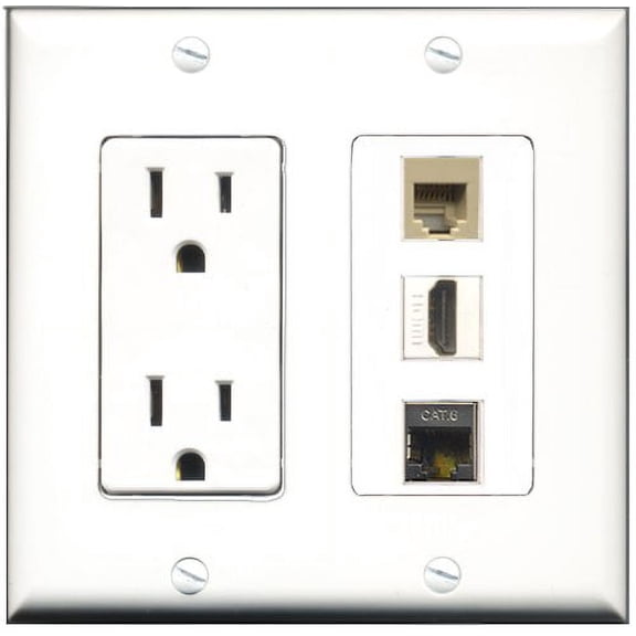RiteAV - 15 Amp Power Outlet 1 Port HDMI 1 Port Phone Beige 1 Port Shielded Cat6 Ethernet Ethernet Decorative Wall Plate