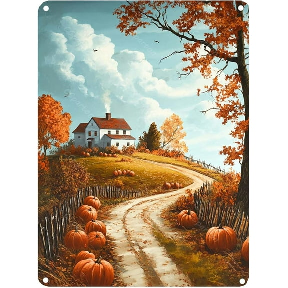 Vintage Autumn House with Pumpkins Metal Tin Sign 8x12 Inch Rustic Farmhouse Decor Wall Art for Home Kitchen Bar Office Cabin Living Room Outdoor Garden Patio Fall Thanksgiving Halloween Decoration