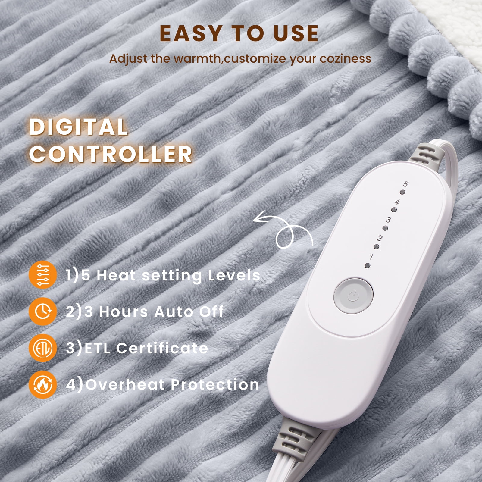 WISHEAD Electric Heated Throw Blanket with 5 Heat Levels & Auto Shut-off Flannel & Sherpa for Home Couch, Bed, Office Use, 50"x60", Light Gray