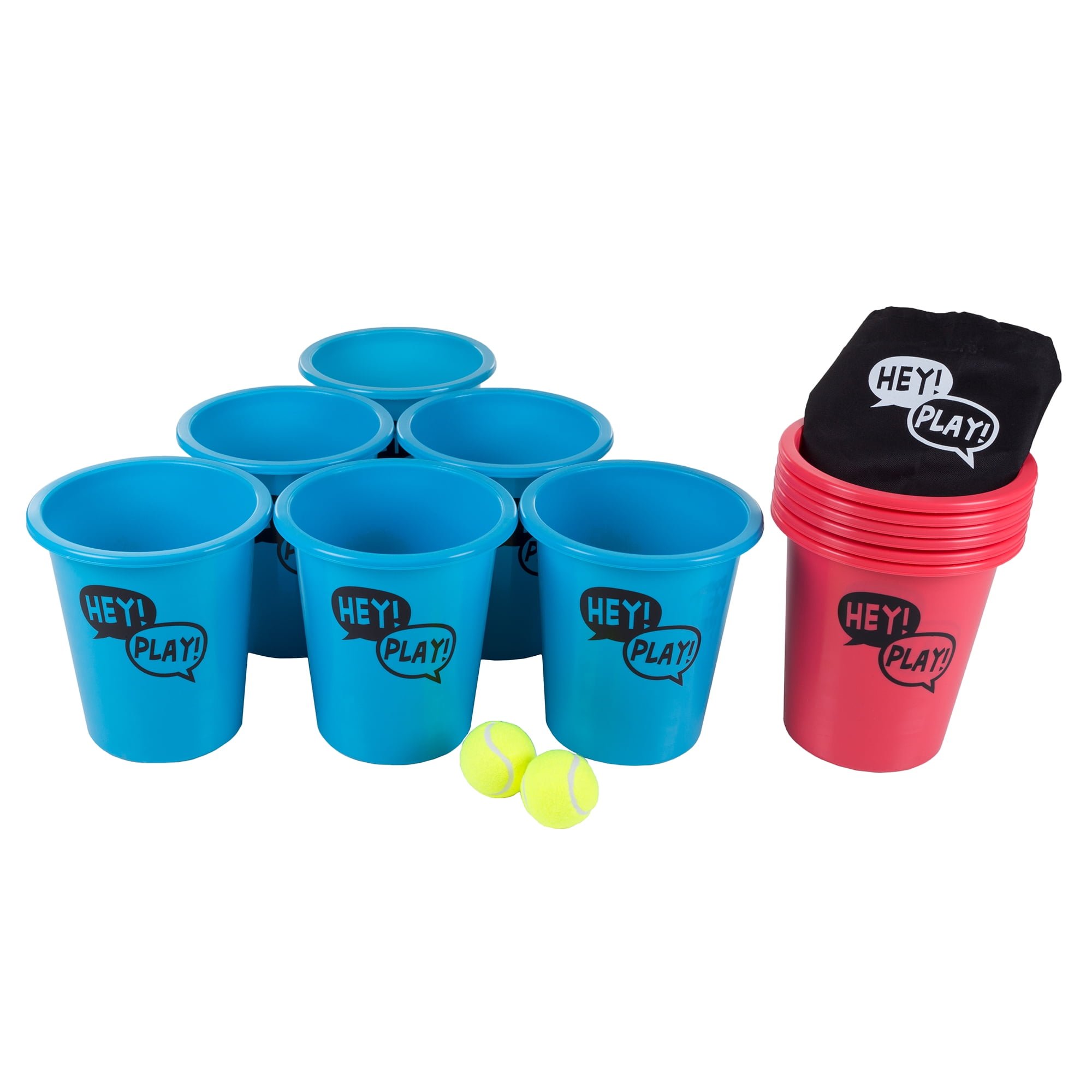 Hey! Play! Large Beer Pong Outdoor Game Set with 12 Buckets, 2 Balls, Tote  Bag