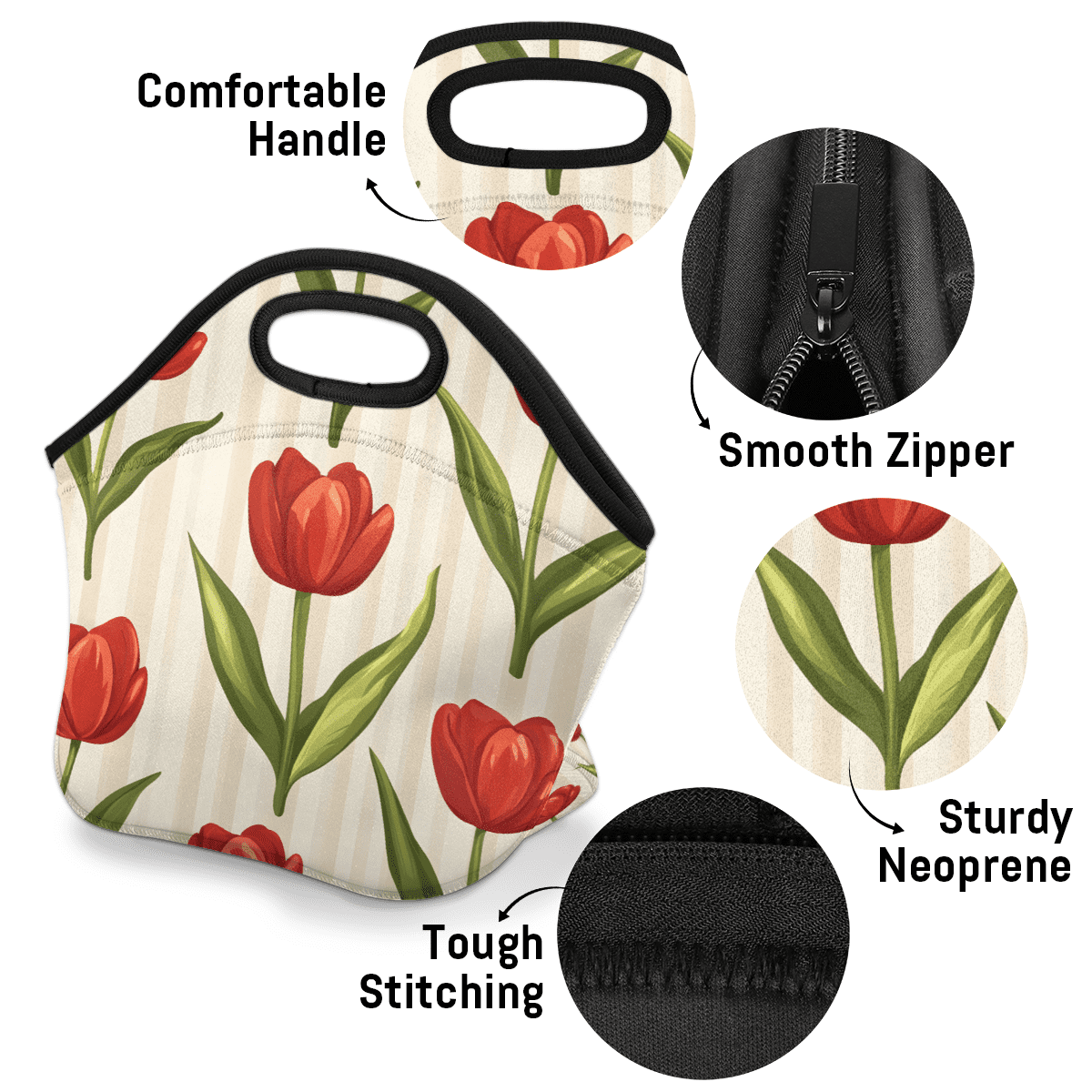 Herdesigns Tulip Insulated Lunch Bag Neoprene Lunch Box for Women Men Soft Cooler Bag Floral Washable Lunch Tote for Work Outdoor Picnic