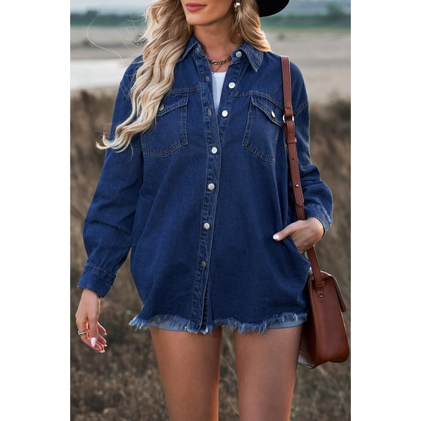 ABPHQTO Chaqueta vaquera de mujer azul con bolsillo bajo sin rematar y botones