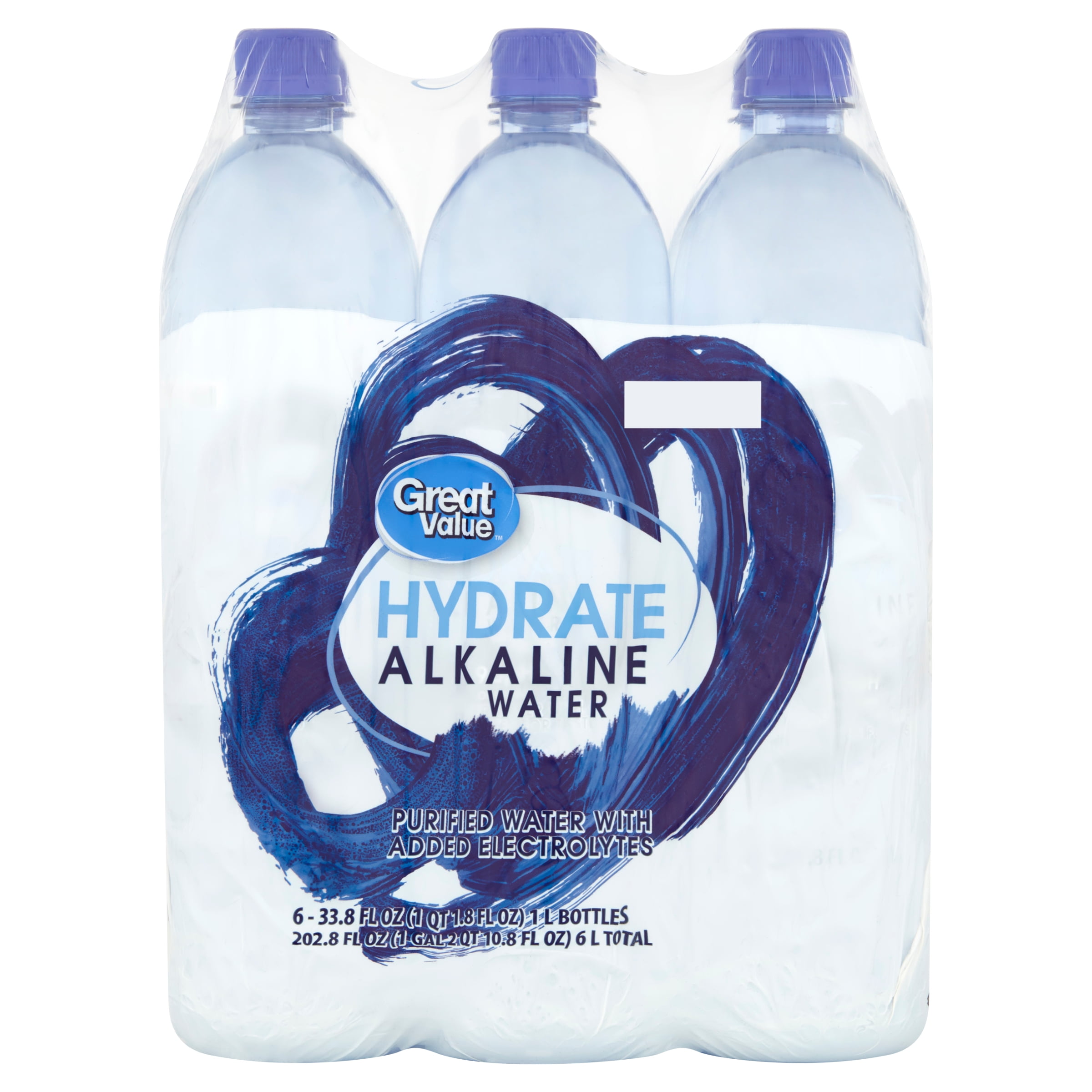 Great Value Hydrate Alkaline Water, 33.8 Fl Oz, Bottle (6 Packs)