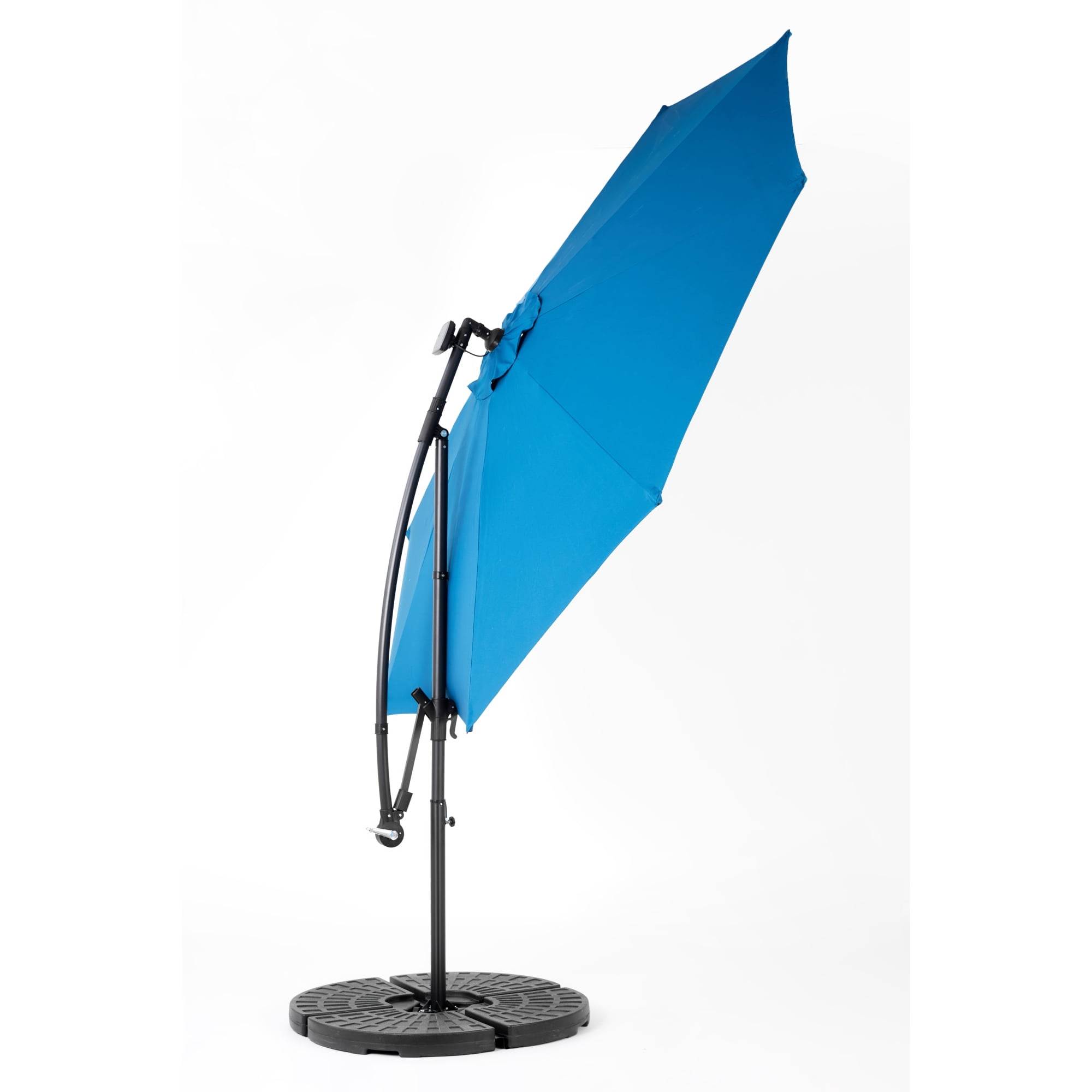 Leumius 10ft Solar LED Patio Umbrella, Offset Cantilever Outdoor Umbrella with 40 LED Lights, Infinite Tilt, 360 Degree Rotation, Crank Handle for Pool Deck Garden Backyard,Dark Blue(No Base)