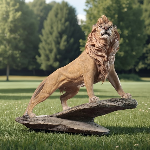 19"L x 15"H Lion Statue - King of the Beasts, Large Outdoor Garden Patio Lawn Decor, Wild Feline Sculpture, Animal Themed Home Decor, Holiday Gift