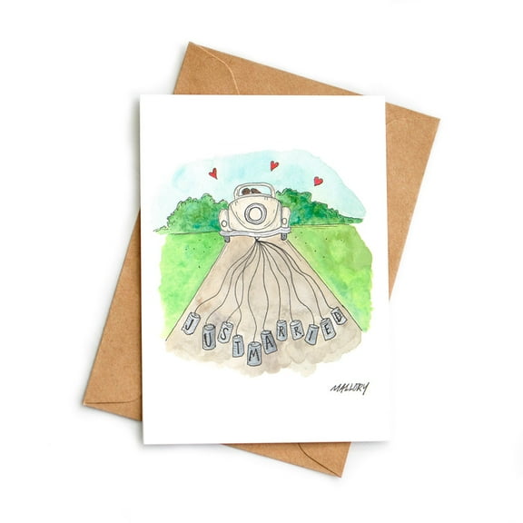 Just Married Card – Watercolor Vintage Car Design with Tin Cans – Blank Inside – Perfect for Newlyweds, Wedding Announcements, or Bridal Showers