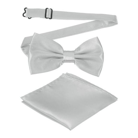 Bow Tie for Men, Adjustable Bow Ties with Pocket Square Pre-tied Bow Ties Sets for Wedding (Silver)