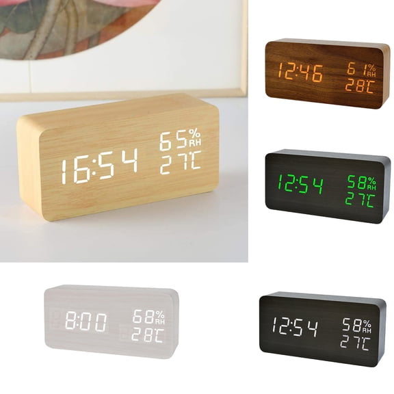 Smart Wooden LED Alarm Clock With Real-Time Temperature And Humidity Display, Touch Control And Auto Night Mode For Zero Light Disturbance A