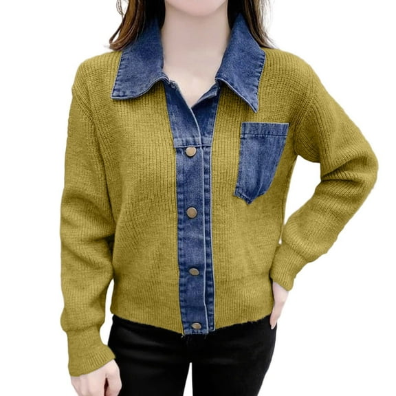 Women's Sweater Denim Patchwork Long Sleeve Button Lapel Knitted Cardigan With Pocket Cozy Sweaters
