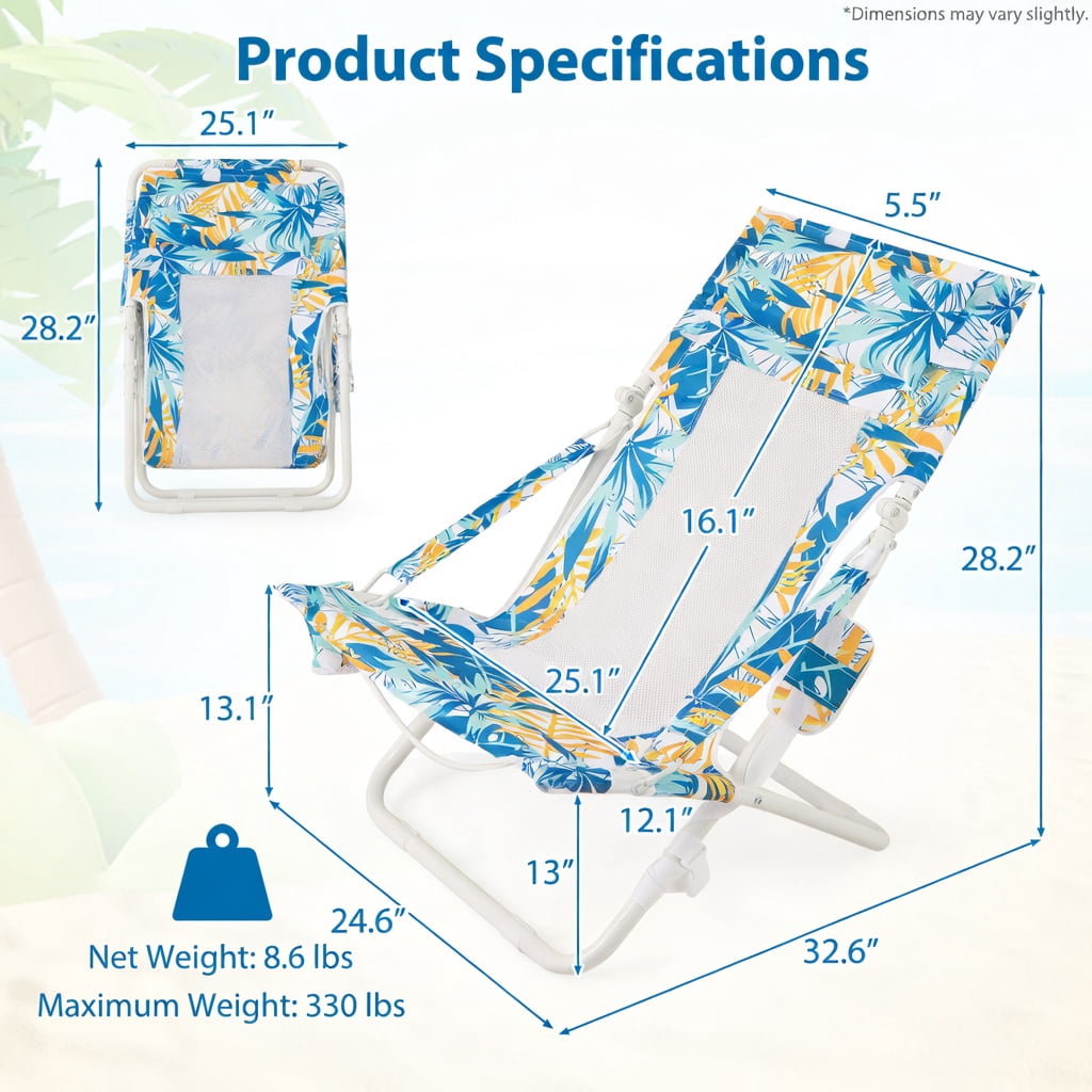 Hommoo 2-Pack Folding Low Beach Chairs with Padded Headrest, Breathable Mesh Back & Cup Holder， Outdoor Patio Sling Chairs for Sand, Lawn, Poolside, Blue