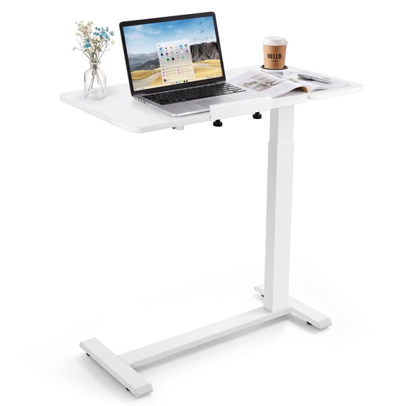 KFFKFF Adjustable Overbed Table 31.5"W x 15.7"D Mobile Bedside Desk with Wheels, White, for Home, Office, Bed, or Couch Use. Rolling Laptop Stand with Height Adjustment,Tilting Surface,and Cup Holder