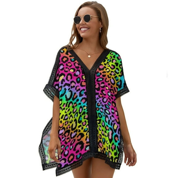 Colofrul Rainbow Leopard Women's Swimsuit Coverup Summer Beach Cover Up Bathing Suit Dress