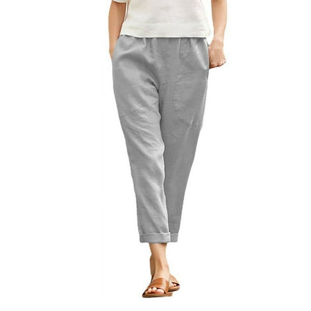 Pantalones rectos casuales de algodón y lino cómodos de color sólido con bolsillos grandes para mujeres europeas y americanas para mujeres