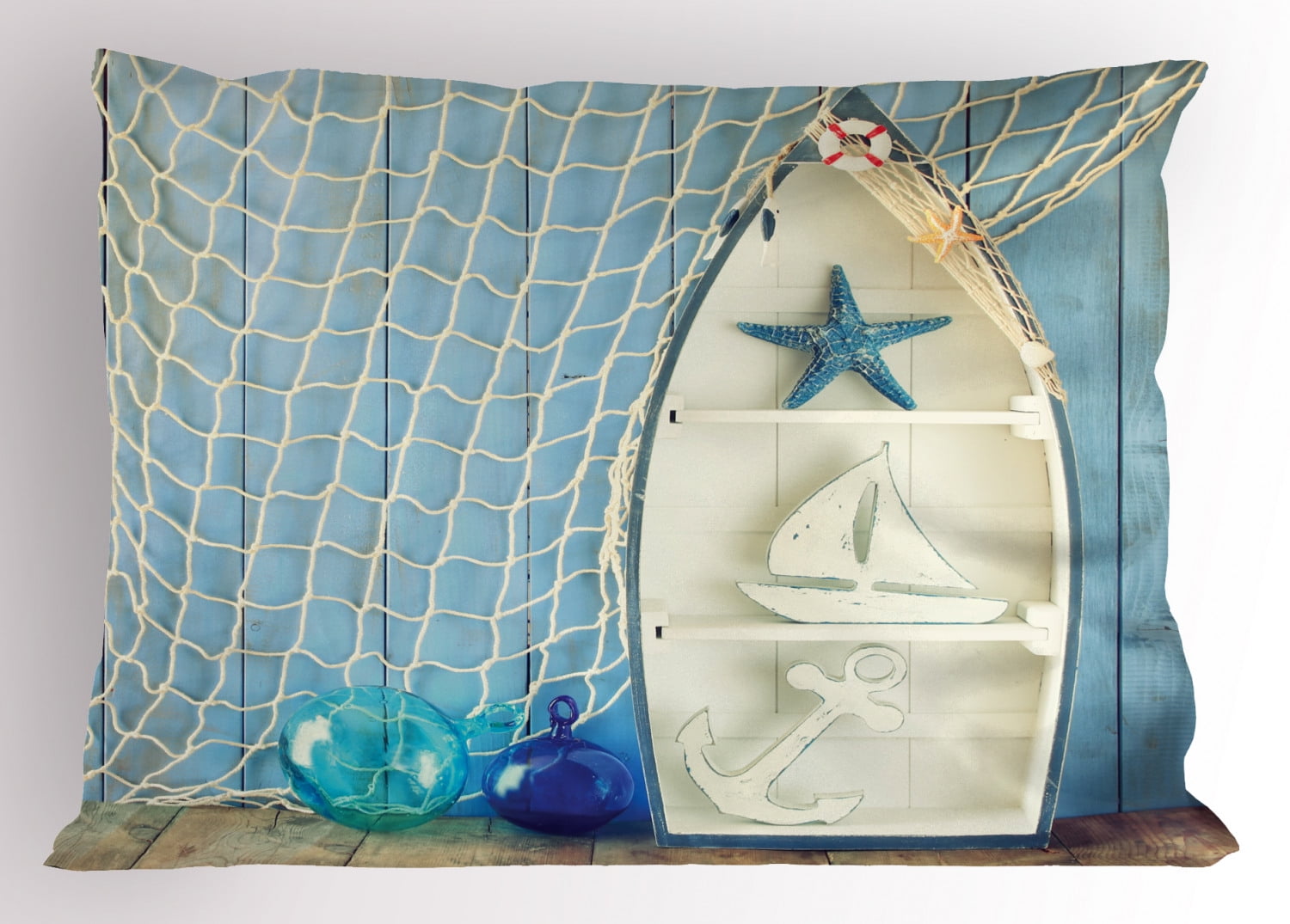 Nautical Pillow Sham Sea Objects on Wooden Backdrop with Vintage Boat Starfish Shell Fishing Net Photo, Decorative Standard Queen Size Printed Pillowcase, 30 X 20 Inches, Blue White, by Ambesonne