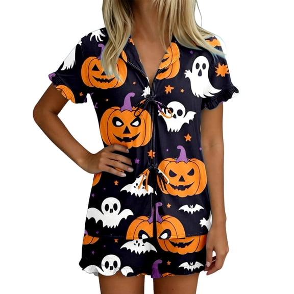 Halloween Silk Pajamas Women Satin Pajama Sets for Women Home Lounging Short Sleeve Shorts Printed Theme Comfortable Evening Wear Contemporary Sleepwear Black L