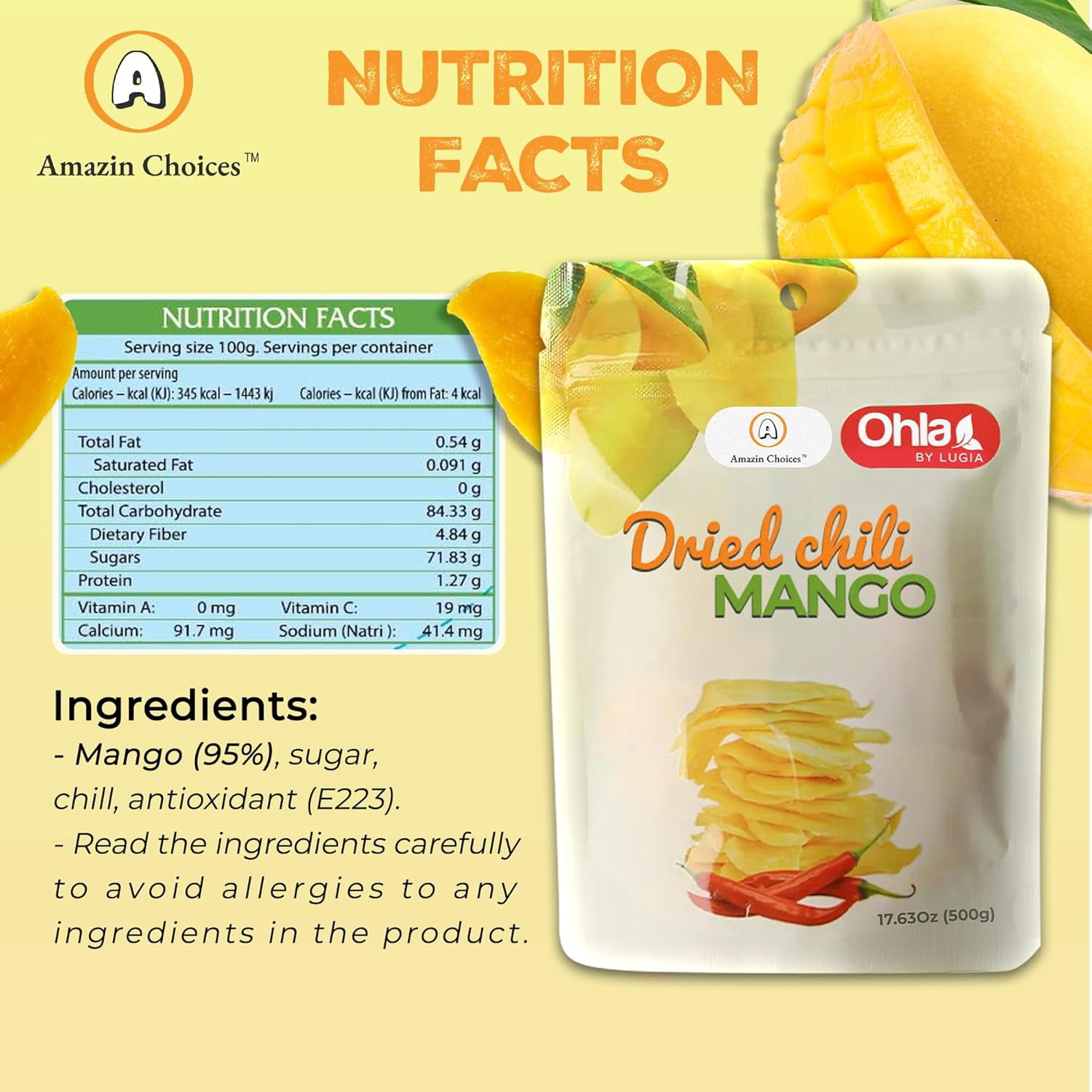 (3 pack) Amazin Choices Soft Dried Chili Mango Slices, Gluten Free, Vegan, 17.64 oz