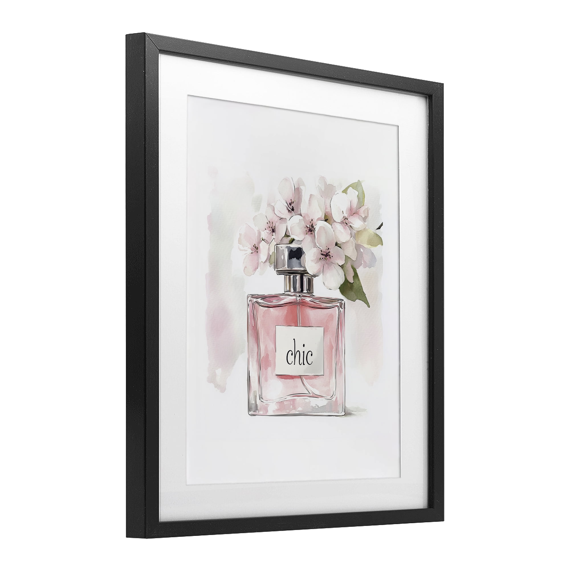 Cherry Blossom Chic Perfume Black Framed Print Under Glass, design by Christine Simpson Art