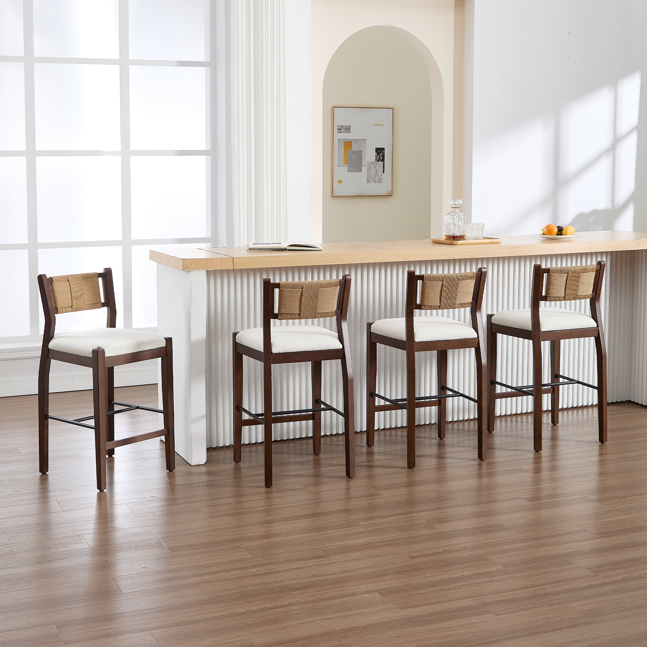 Guyou 26" Rattan Barstools Set of 2, Boho Solid Wood Counter Height Bar Stools, Chenille Upholstered Kitchen Island Chairs for Dining Room Bar, White