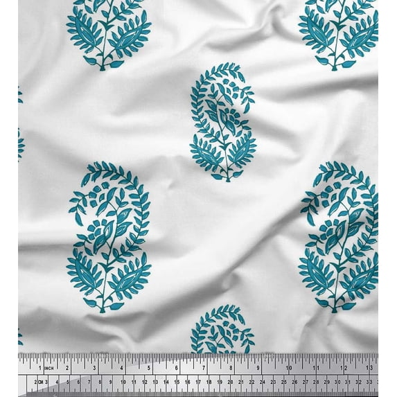 Soimoi Silk Fabric Leaves Block Print Fabric by The Yard 42 Inch Wide