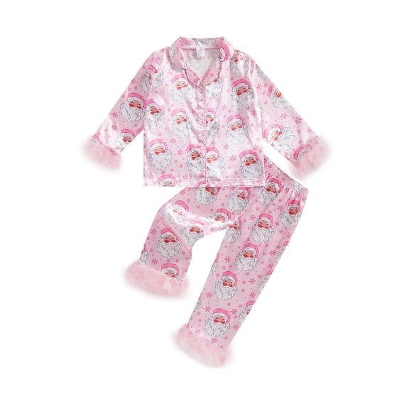 Cjfdfy Toddler Baby Girl Christmas Day Silk Stain Pajamas Set Kids Girl PJS Set Sleepwear Spring Fall Winter Clothes Santa Claus Long Sleeve Button Down Shirt with Long Pants Set Loungewear 1-15Y