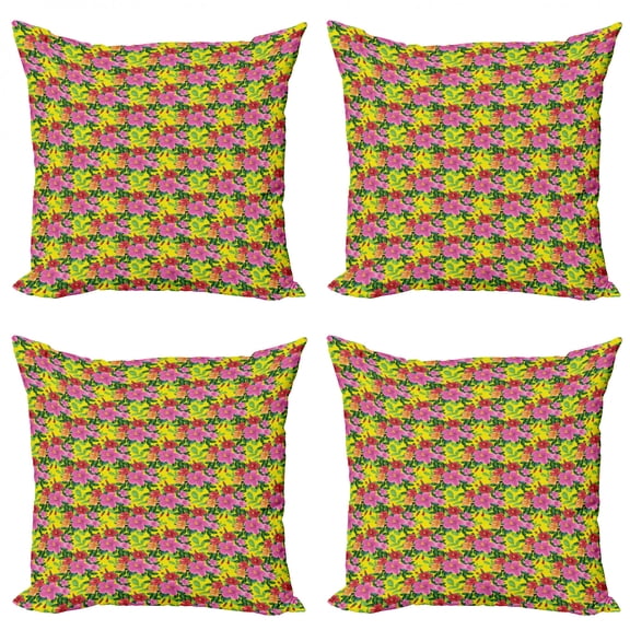 Ambesonne Flower Throw Pillow Cover 4 Pack, Green Tone Foliage on Yellow, 16", Multicolor