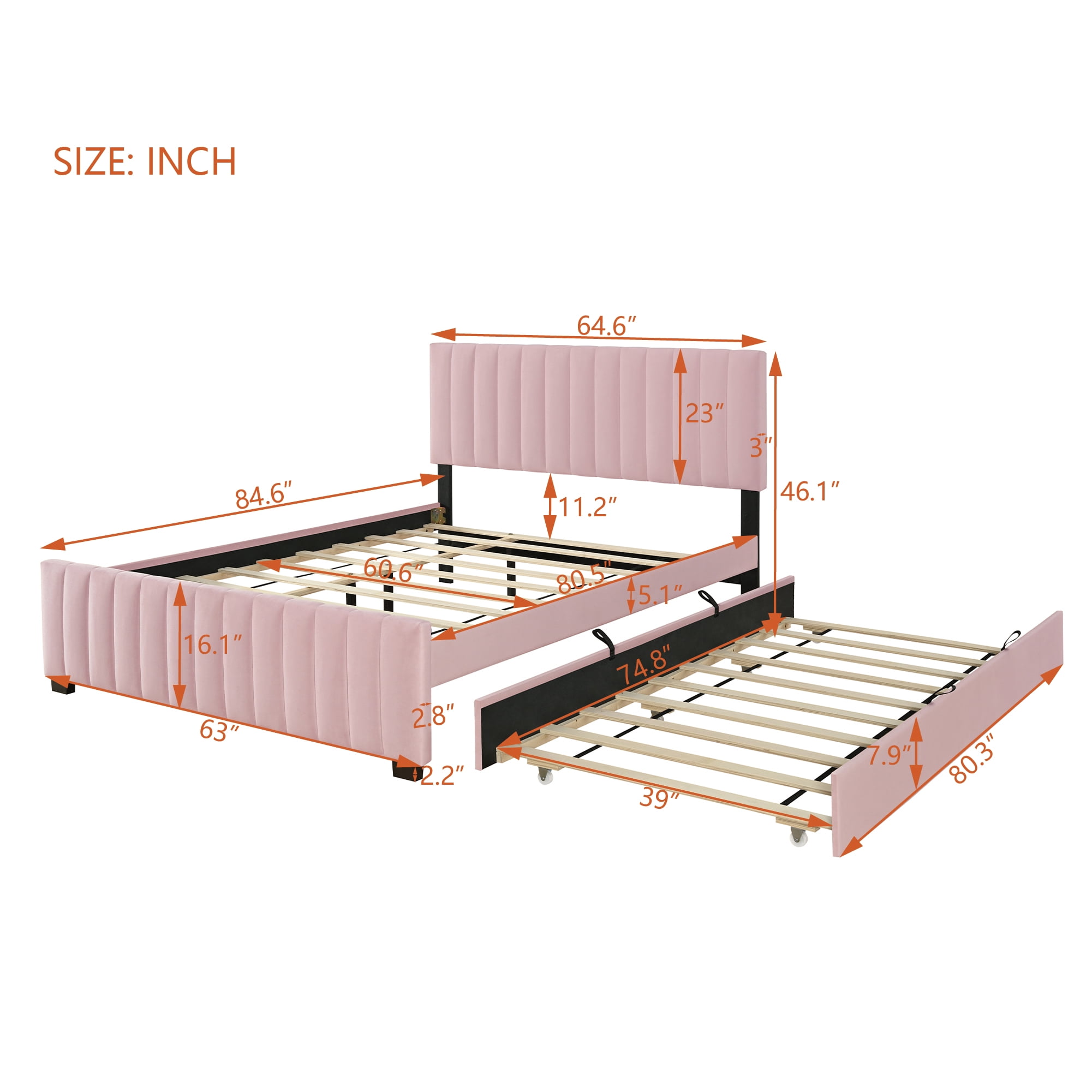 Mintazer Queen Size Velvet Upholstered Platform Bed with Headboard & Twin XL Trundle for Bedroom, Pink