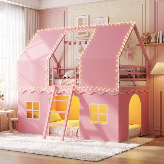 Toogaho Twin Over Twin Bunk Bed with 13.4"H Safety Guardrail & LED Light,House-Shaped Metal Bunk Bed Frame with Bulit-in Ladder and Windows,Pink