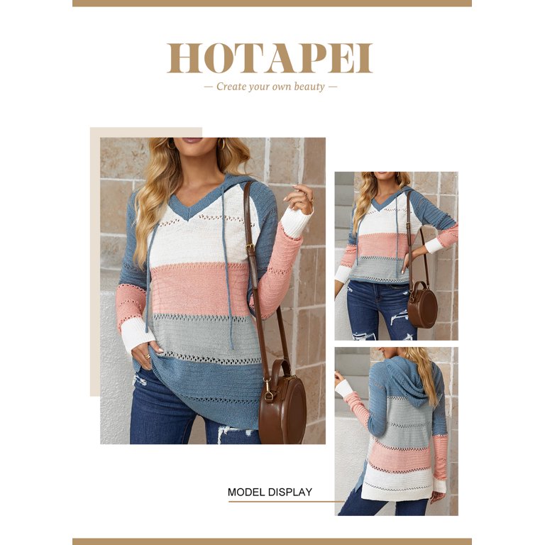 HOTAPEI Hooded Sweaters for Women Color Block Hoodie Crochet