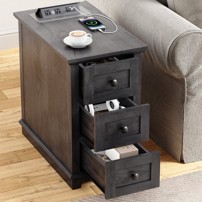 PLAMLE End Table with 3 Drawers for Living Room,Nightstand Sofa Side Table with Charging Station,End Table.