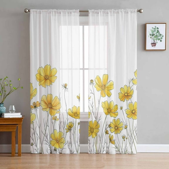 Yellow Spring Floral Sheer Curtains 63 Inches Length 2 Panels Set, Window Sheer Curtains for Living Room/Bedroom, Summer Botanical Watercolor Daisy Light Filtering Rod Pocket Curtain 52'' x 63'' x 2
