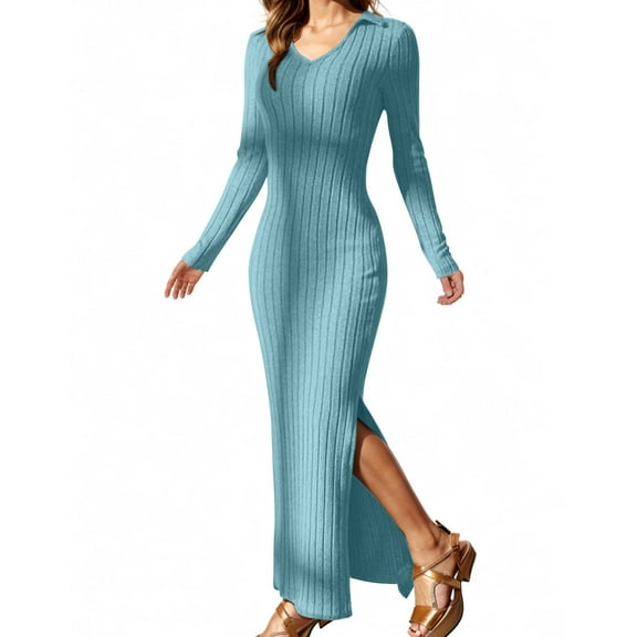 Oplxuo Sweater Dresses for Women Slim Fit Lapel V Neck Long Sleeve Pullover Casual Knitted Slit Maxi Dress