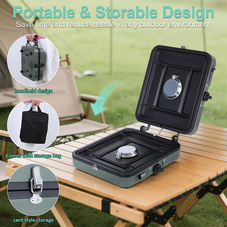 2 Burner Camping Stove with Windshield, 20000 BTU Propane Camp Stove, Portable Folding Gas Stove, Camping Essentials Gear Includes Frying Pan,Carry Bag, Green