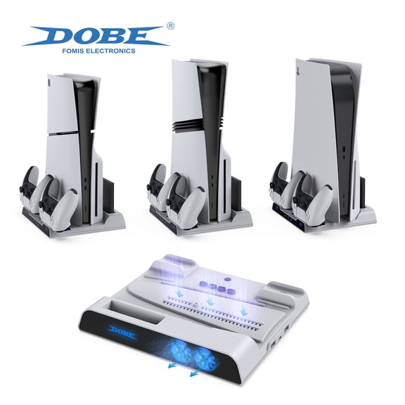 Universal PS5/PS5 Slim/PS5 Pro Cooling Fan Stand - Dual Controller Charging Dock & External Hard Drive Storage, Vertical Console Holder for Disc/Digital Editions