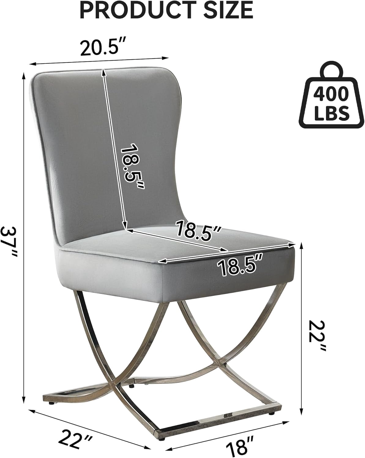 2PCS Luxury Velvet Dining Chairs, Tufted Upholstered Armless Accent Chairs with Silver Metal X-Legs, Modern Glam Dining Chair Kitchen Chairs,Light gray