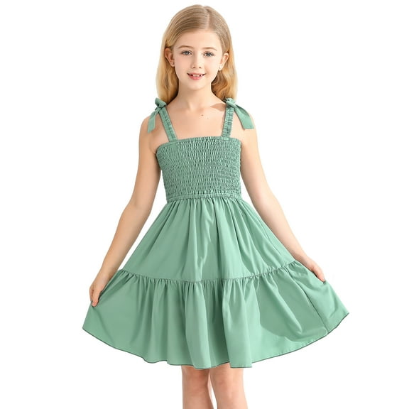 BULLPIANO Girls Solid Color Dress Smocked Elastic Dresses Tie Shoulder Sleeveless Sundress Holiday Cami Dress