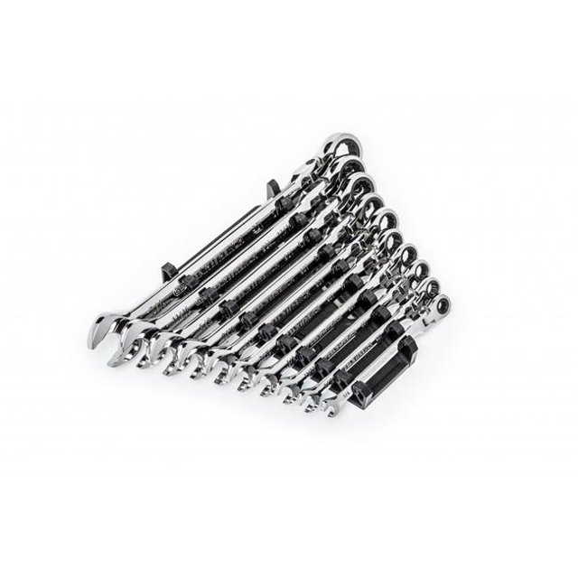 90T 12 Point Sae Flex-Head Combination Ratcheting Wrench Set - 10 Piece