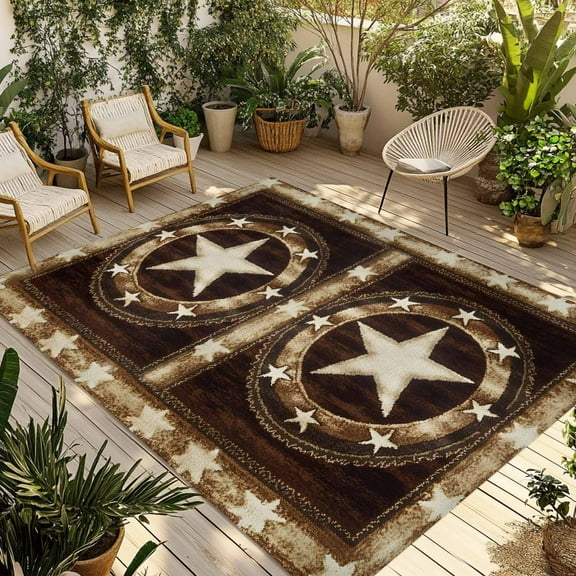 Fsddascl Brown Texas Star Western Outdoor Rug for Patio/Deck/Porch, Non-Slip Large Area Rug 5 x 8 Ft, Country Retro Wooden Indoor Outdoor Rugs Washable Area Rugs, Reversible Camping Rug Carpet
