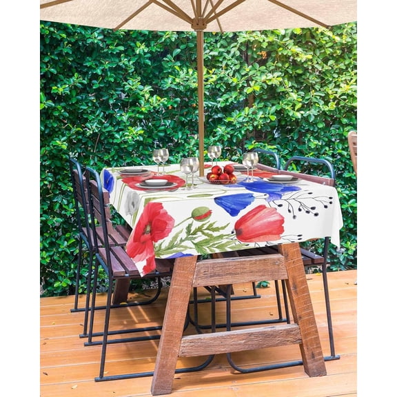 Blue Red Spring Floral Outdoor Tablecloth - 54x54 Inch Square Dining Table Cover, Watercolor Botanical 4th of July Waterproof Outdoor Table Cloth with Umbrella Hole & Zipper for Patio