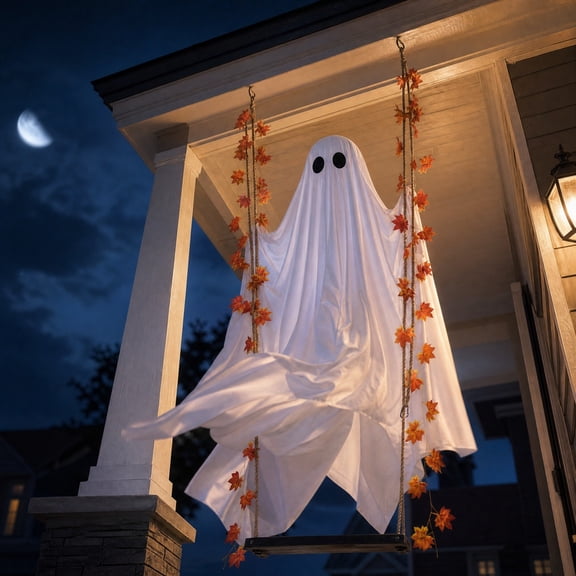 Hanging Ghost Decor with Maple Leaf Swing, 4.4FT Halloween Glitter Hanging Ghost with LED Lights, Spooky Fall Outdoor Hanging Decoration for Front Porch Tree Yard Halloween Holiday Display
