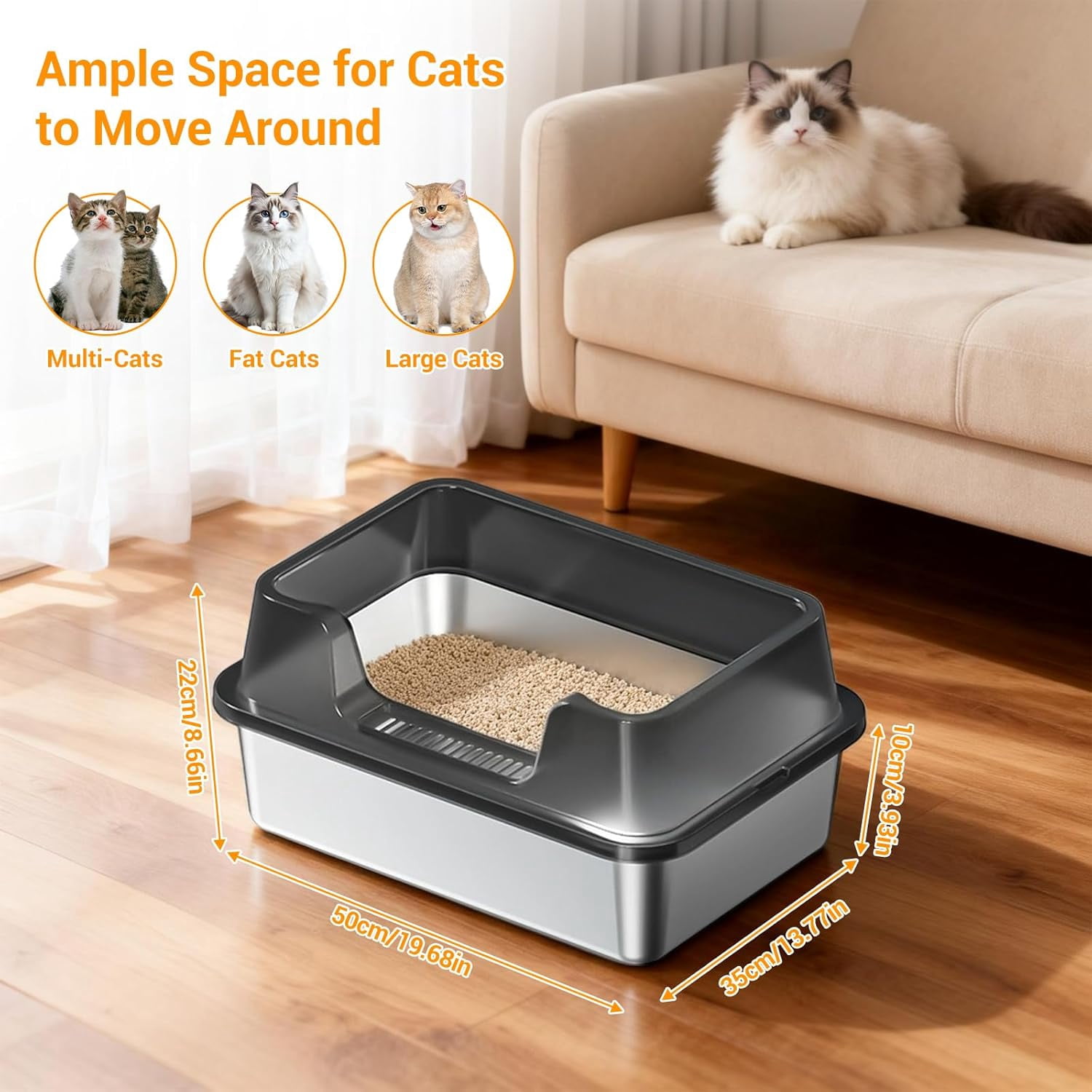 Gaderth Stainless Steel Litter Box, Enclosed Metal Litter Pan Tray with Lid for Big Cats and Multi-Cats, High Wall Sides Enclosure, Anti-Urine Leakage Non-Stick Bottom Include Scoop Easy to Clean