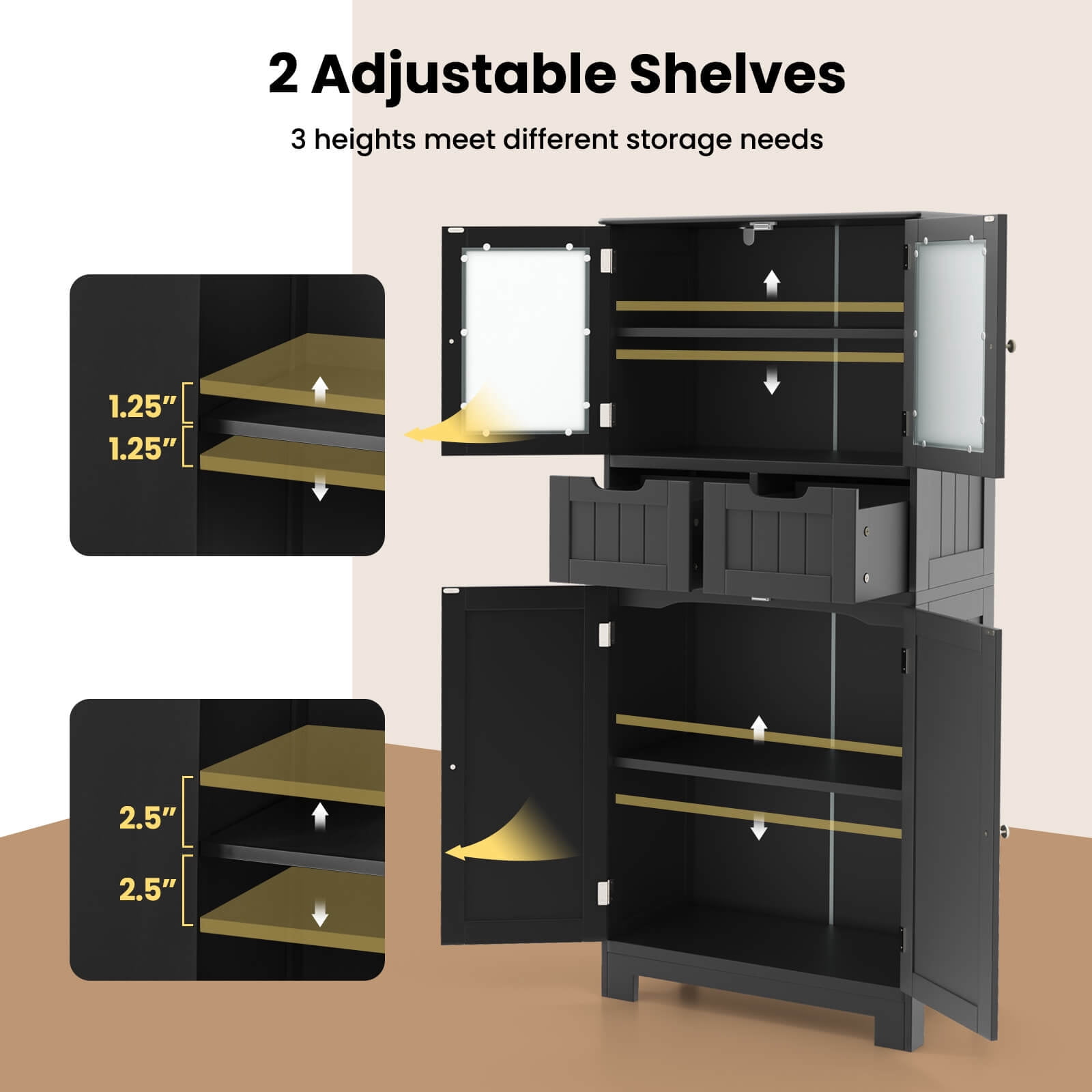 Costway Bathroom Floor Storage Cabinet Kitchen Cupboard with 2 Drawers & Glass Doors Black