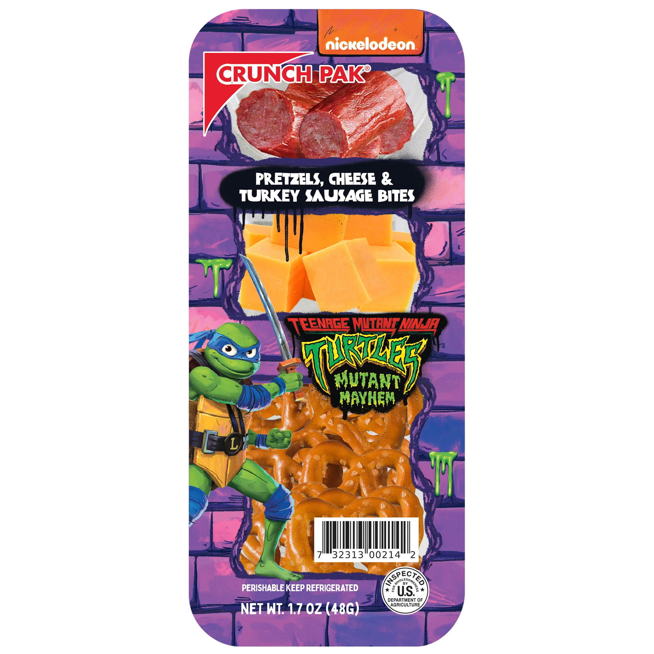 Crunch Pak Snack Featuring TMNT with Turkey Sausage Bites, Cheese Cubes, and Mini Pretzels 1.7oz Snack Tray