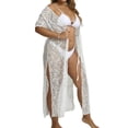 thumbnail image 2 of Plus Size Women's Sheer Lace Tie-Waist Long Kimono, Open Front Crochet Cover-Up with Slit Sides and Short Sleeves, Lightweight Swimwear Tunic for Beach, Pool and Vacation White Free Size, 2 of 5